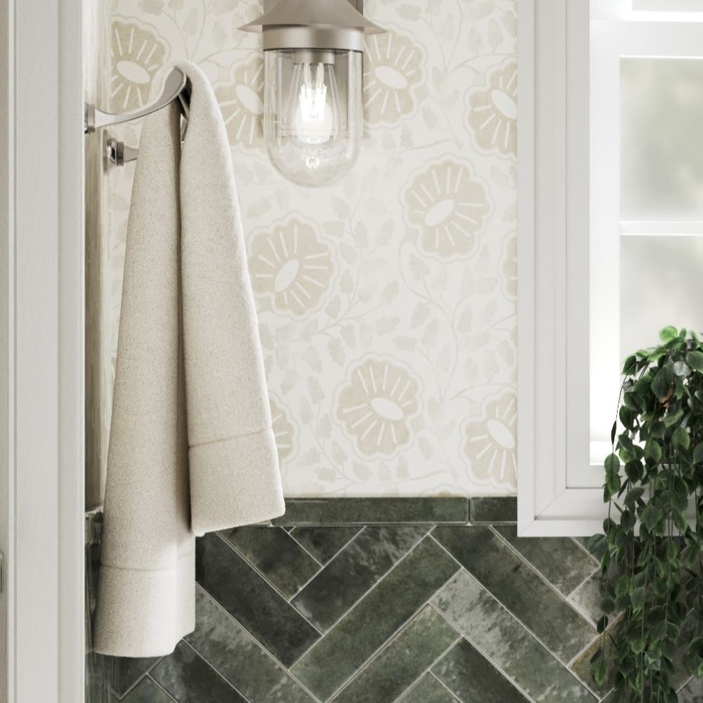 Side angle lifestyle image of Burlington Guild 450mm Brushed Nickel Towel Rail